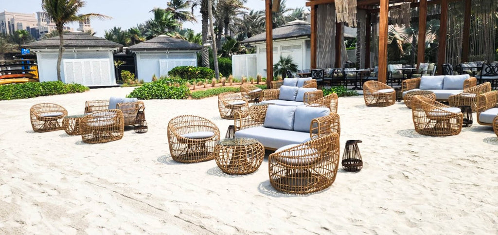 Natural colored lounge furniture at a beach lounge 