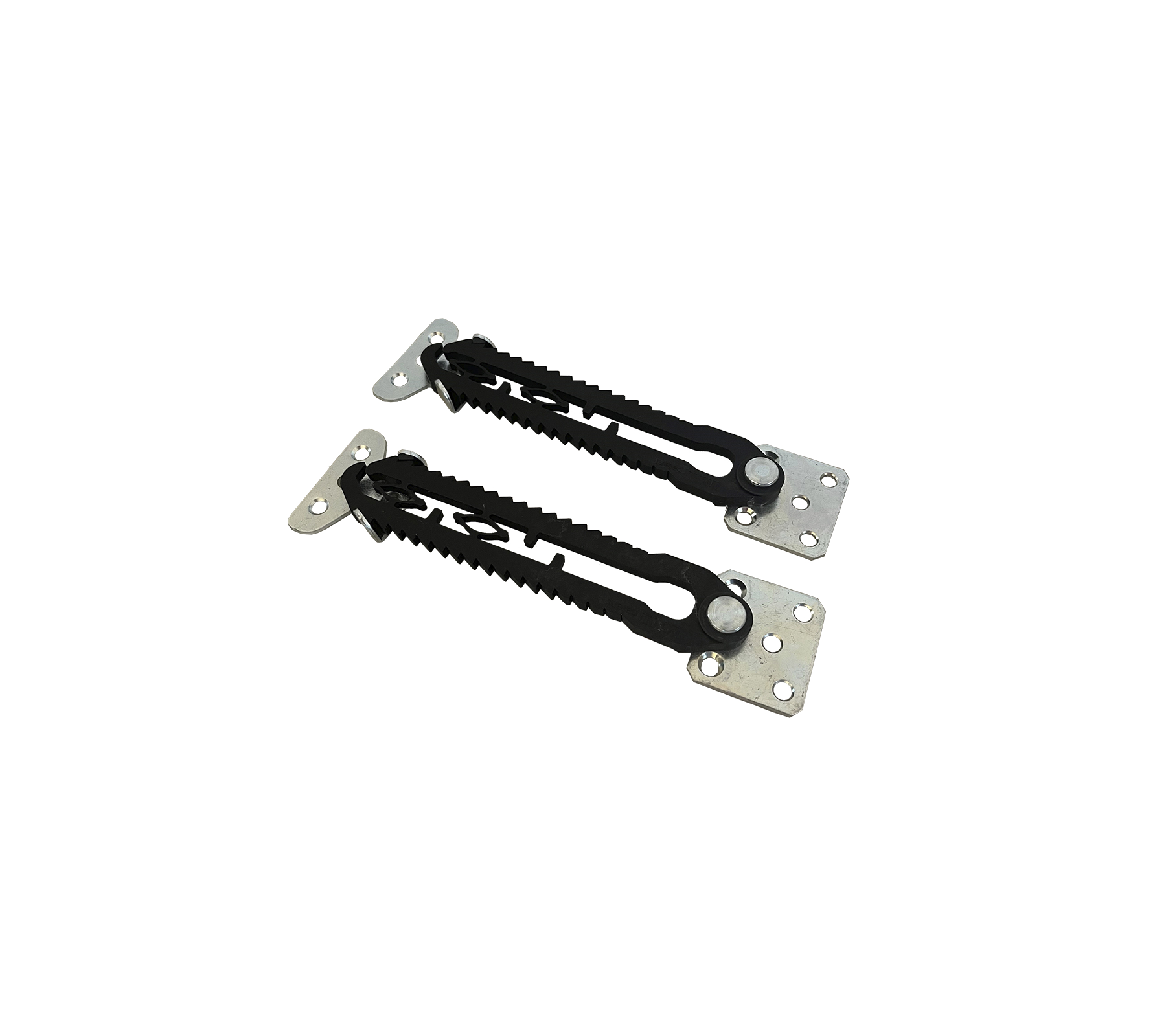 Ein Paar verstellbare Metallhalterungen mit schwarzen Gummibändern, die für sichere Befestigung und Unterstützung in verschiedenen Anwendungen ausgelegt sind.