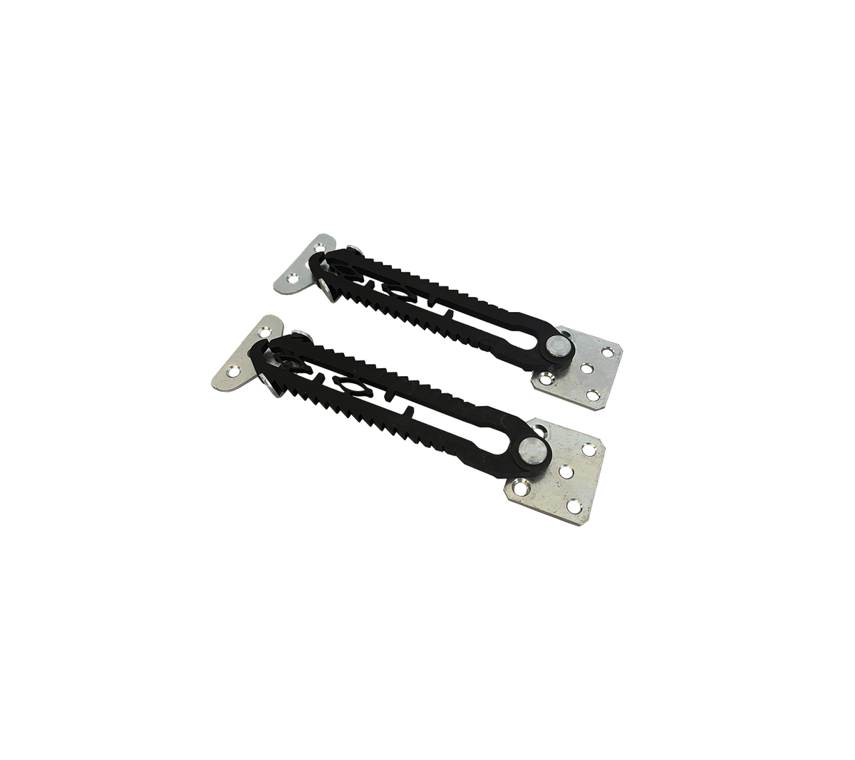 Ein Paar verstellbare Metallhalterungen mit schwarzen Gummibändern, die für sichere Befestigung und Unterstützung in verschiedenen Anwendungen ausgelegt sind.