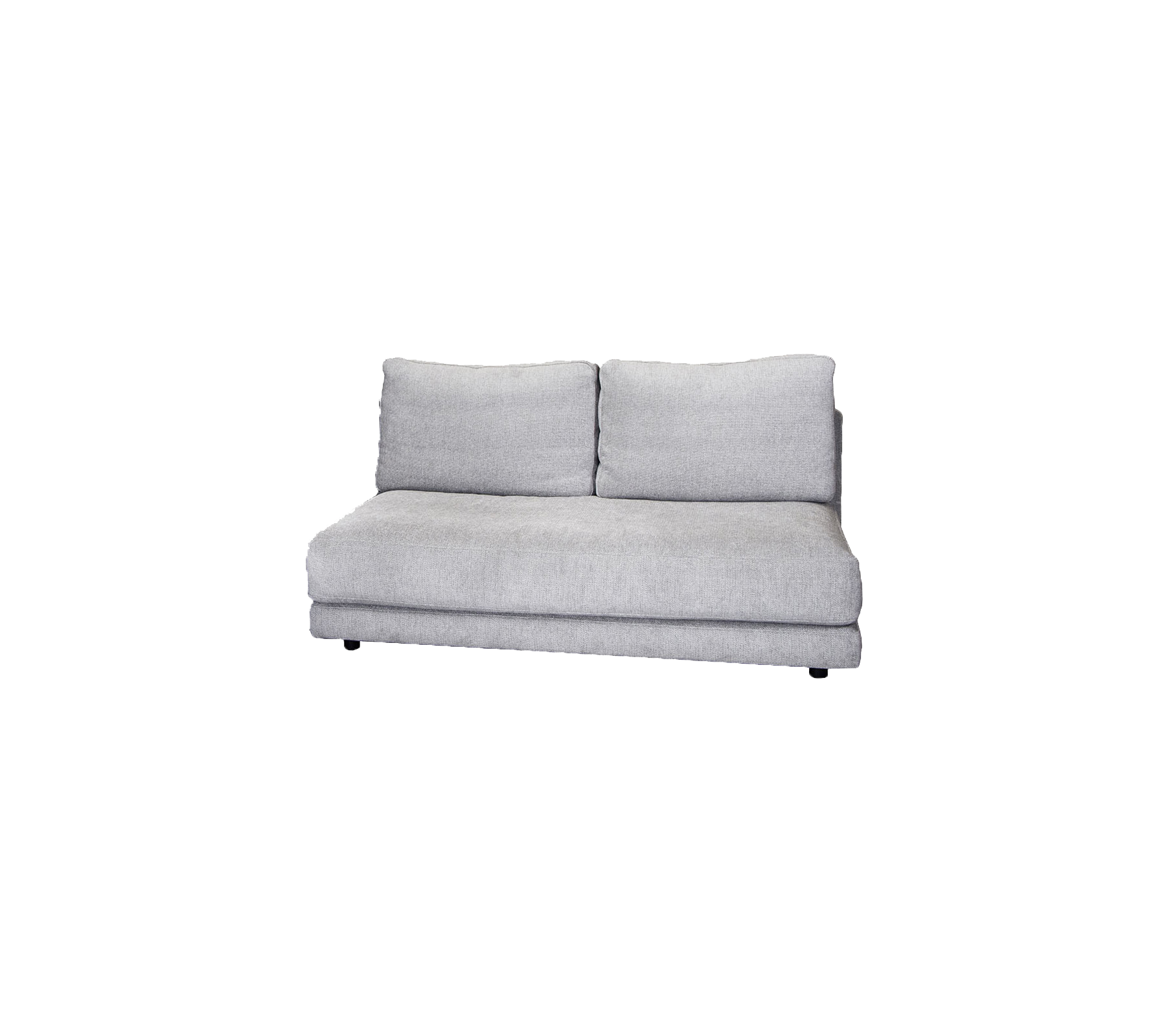 Grau gepolsterte Sofa mit zwei Rückenkissen, die ein schlankes, modernes Design aufweist. Ideal zur Verbesserung gemütlicher Räume.