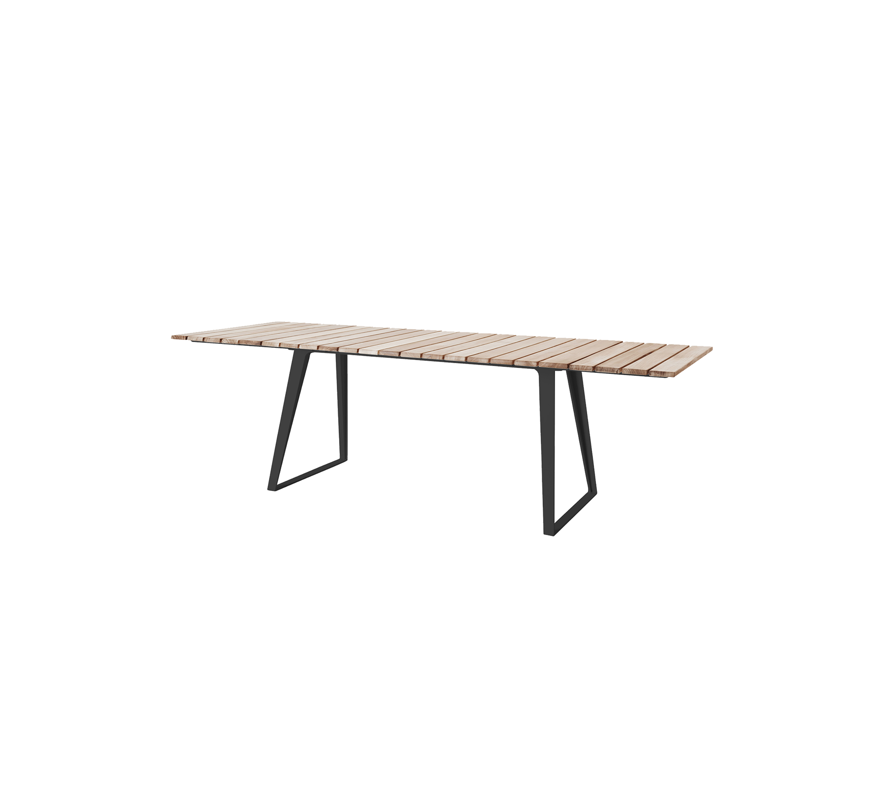 Modernes Holztisch mit einem lamellierten Oberteil und schlanken Metallbeinen, geeignet für verschiedene Umgebungen und Zusammenkünfte.