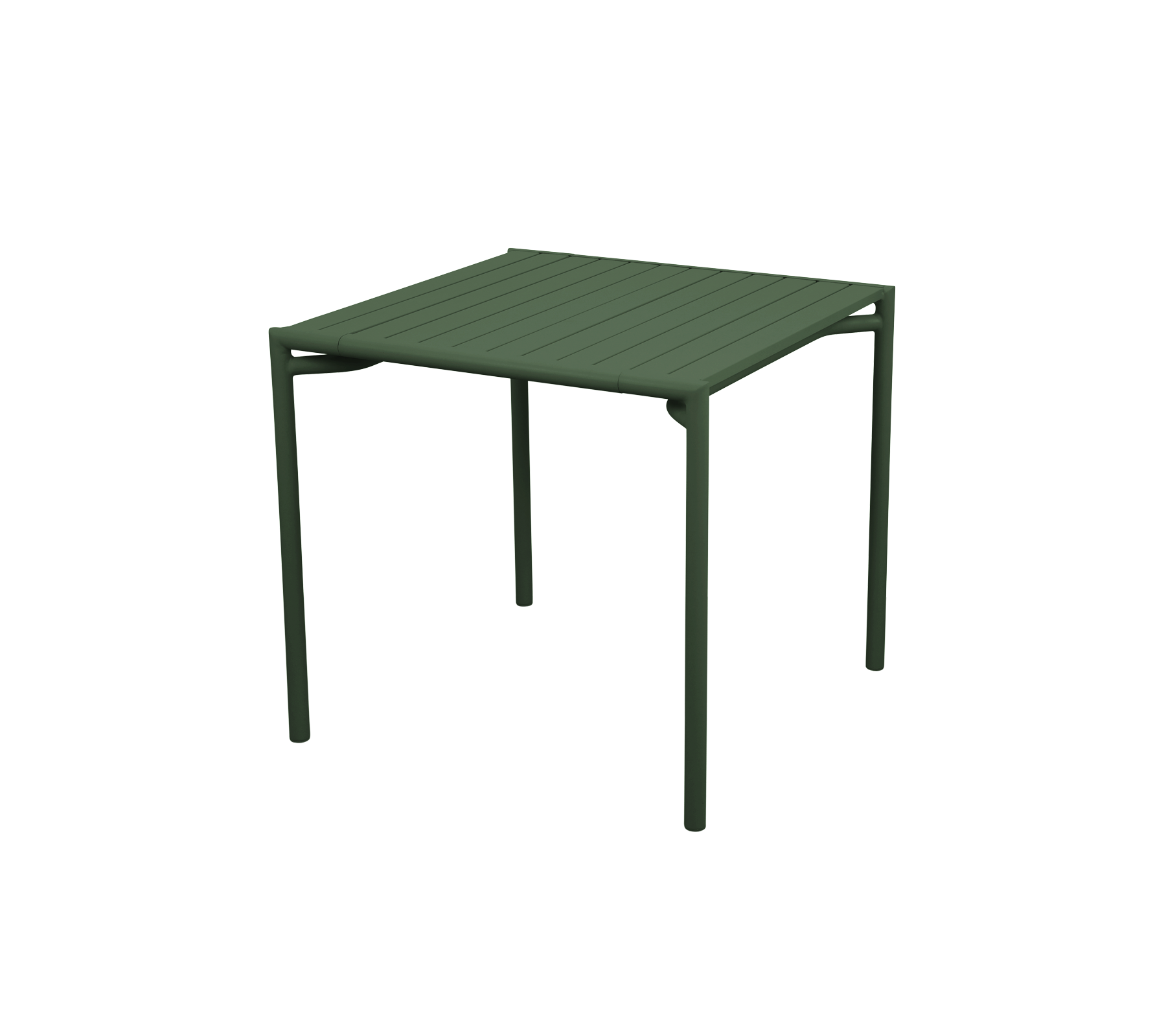 Quadratischer Tisch mit einer lamellenförmigen Oberfläche und stabilen grünen Beinen, entworfen für vielseitige Nutzung in verschiedenen Umgebungen.