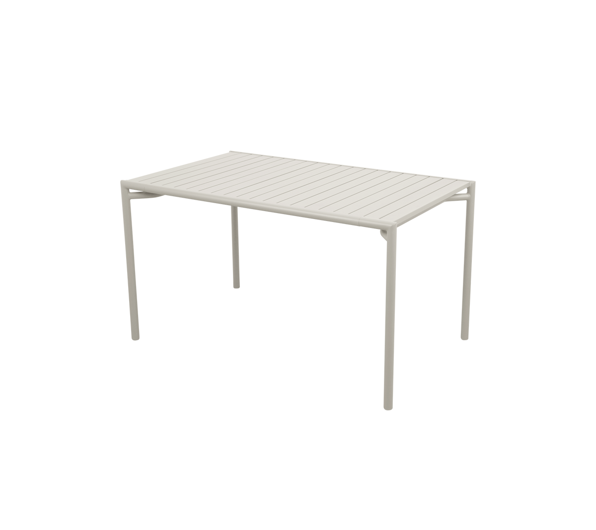 Rechteckiger Tisch mit lamellierter Oberfläche und vier geraden Beinen, der ein modernes und minimalistisches Design in einer hellen Farbe aufweist.