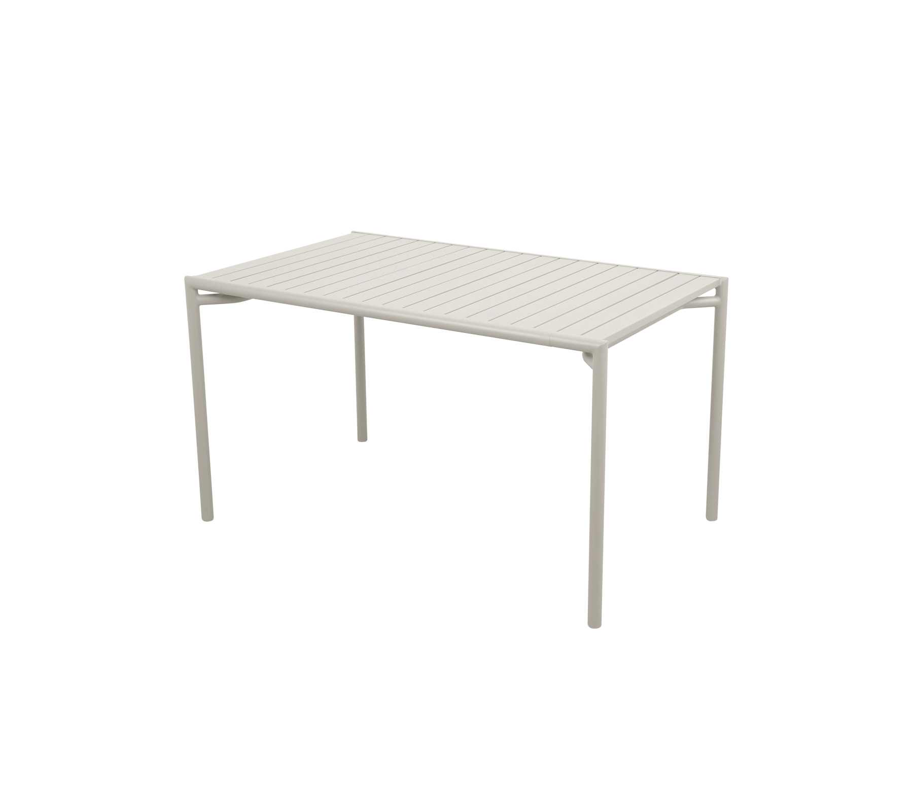 Rechteckiger Tisch mit lamellierter Oberfläche und vier geraden Beinen, der ein modernes und minimalistisches Design in einer hellen Farbe aufweist.