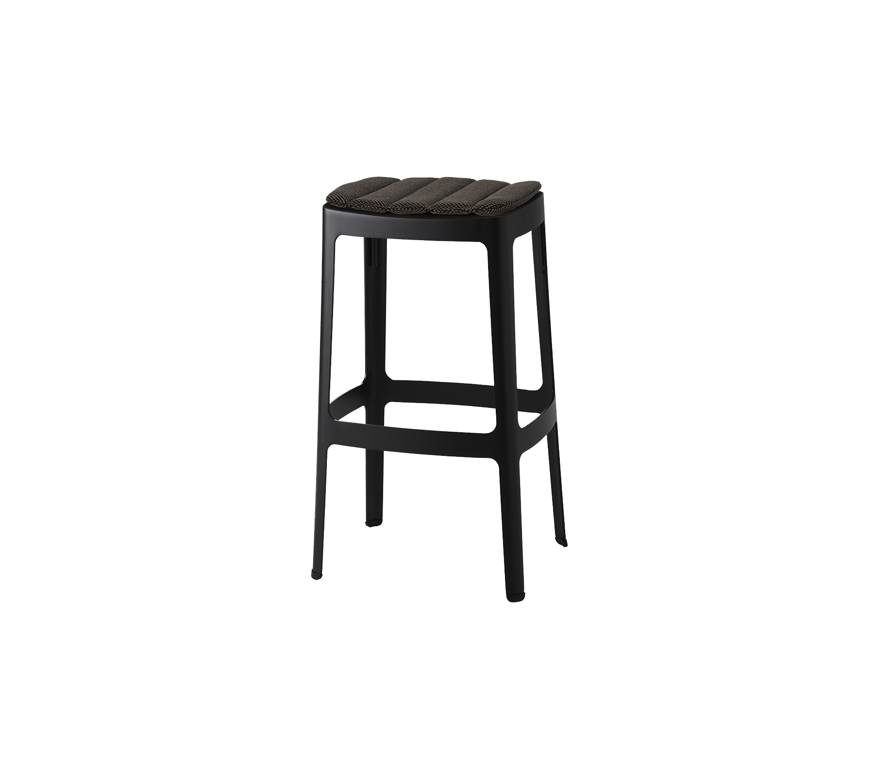 Ein eleganter schwarzer Barhocker mit einem laminierten Sitz und stabilen Beinen, entworfen für Komfort und Stil. Ideal für moderne Umgebungen.