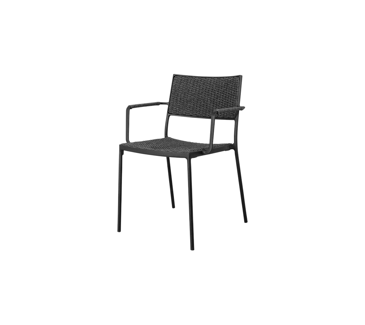 Schwarzer gewebter Sessel mit minimalistischer Gestaltung, robustem Rahmen und komfortablem Sitz für informelle oder formelle Anlässe.