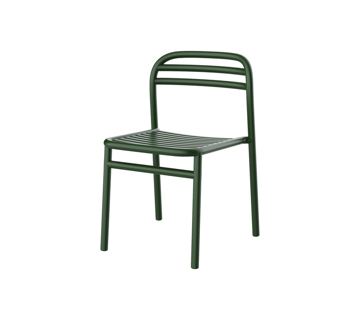 Grüner Metallstuhl mit einfachem Design, ausgestattet mit einer lattenförmigen Sitzfläche und Rückenlehne für Komfort und Stil. Perfekt für vielseitige Einsatzmöglichkeiten.