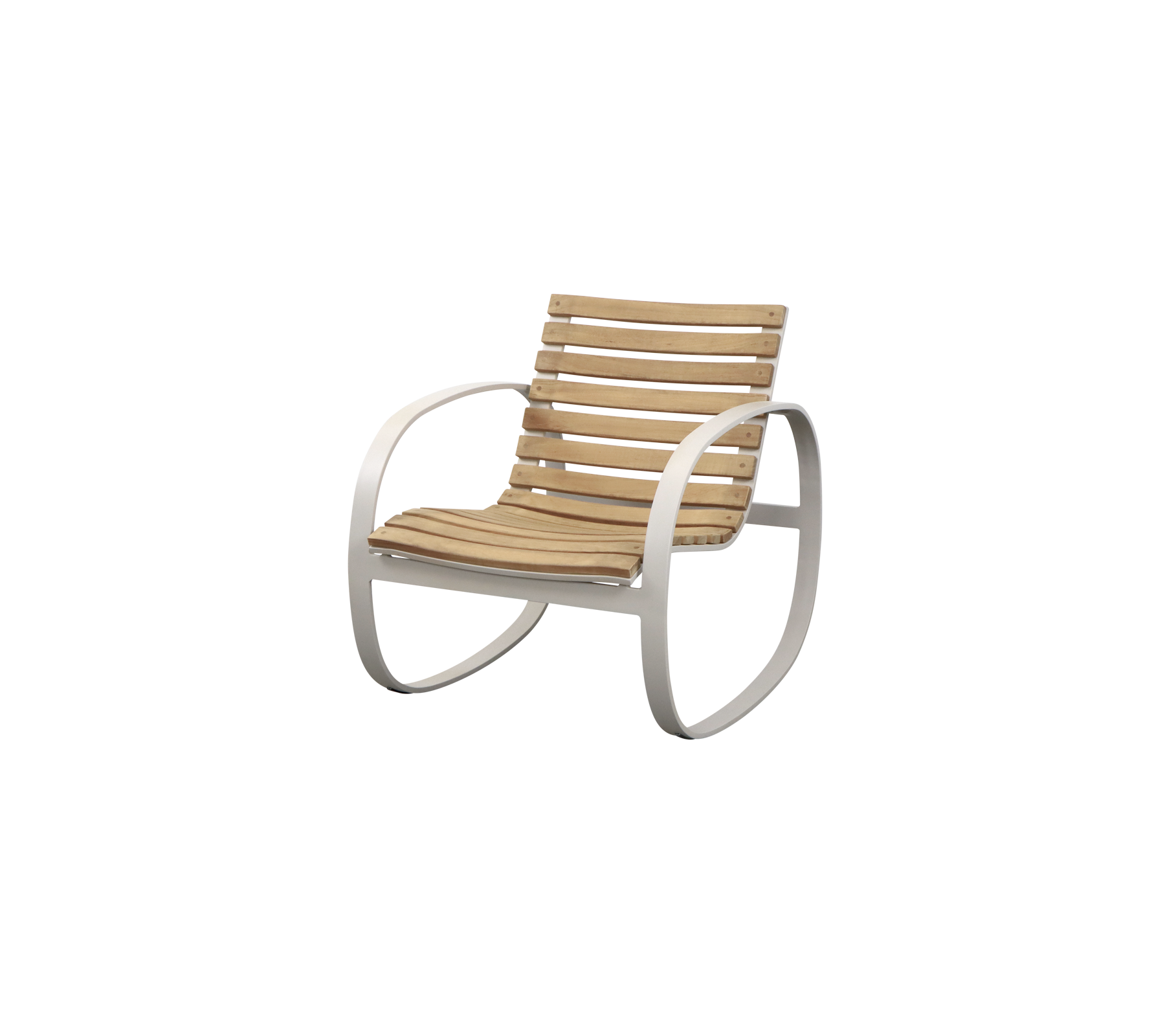 Stylischer Schaukelstuhl mit einem Lattenholzsitz und einem eleganten, geschwungenen Metallrahmen. Ideal für entspannendes Sitzen und Komfort.