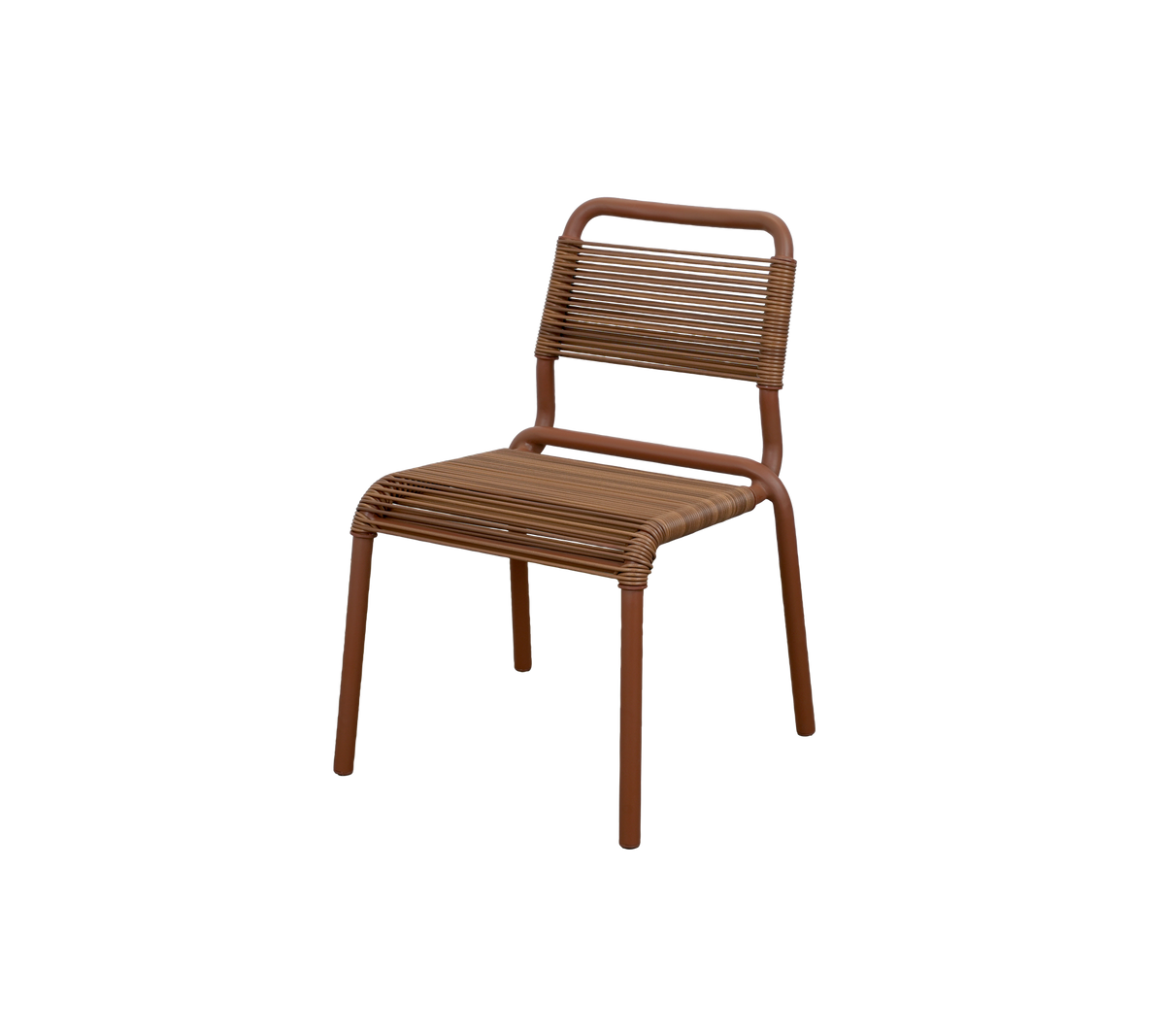 Braune Stuhl mit einem schlichten Design und Lattenrückenlehne.
