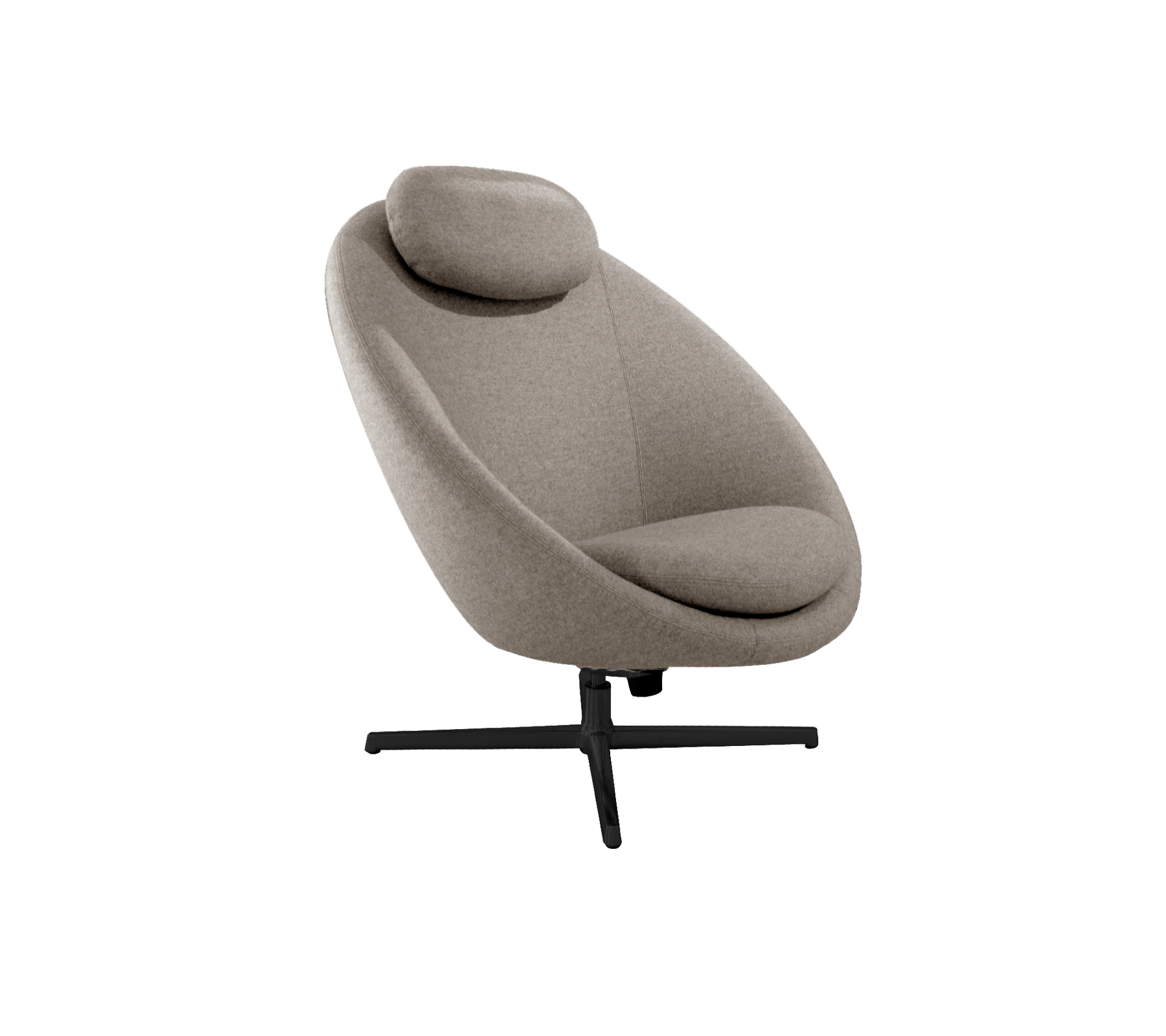 Stilvoller Lounge-Stuhl mit geschwungenem Design, plüschigem Bezug und einer unterstützenden Kopfstütze, montiert auf einem schlanken Sockel.
