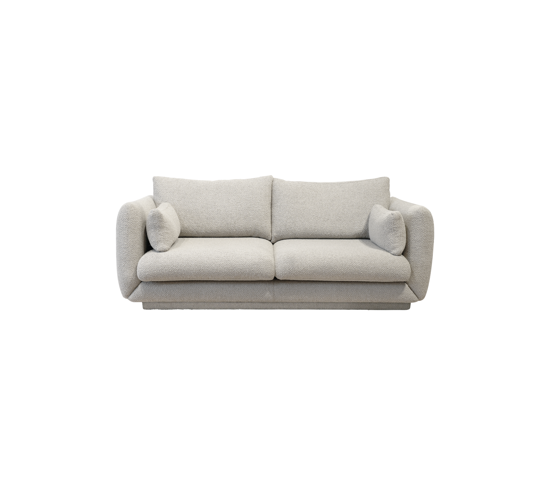 Ein stilvolles, modernes Sofa aus hellgrauem Stoff mit weichen Kissen und sanften, abgerundeten Kanten für Komfort und Eleganz.