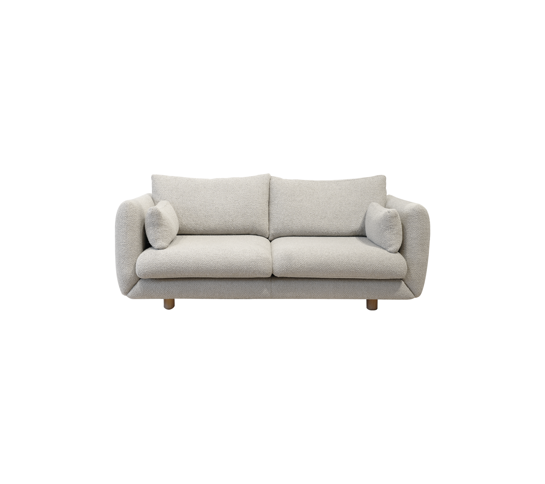 Gemütliches, hellgraues Sofa mit abgerundeten Armlehnen und zwei passenden Kissen, das auf Holzbeinen ruht. Eine stilvolle Ergänzung für jeden Wohnraum.