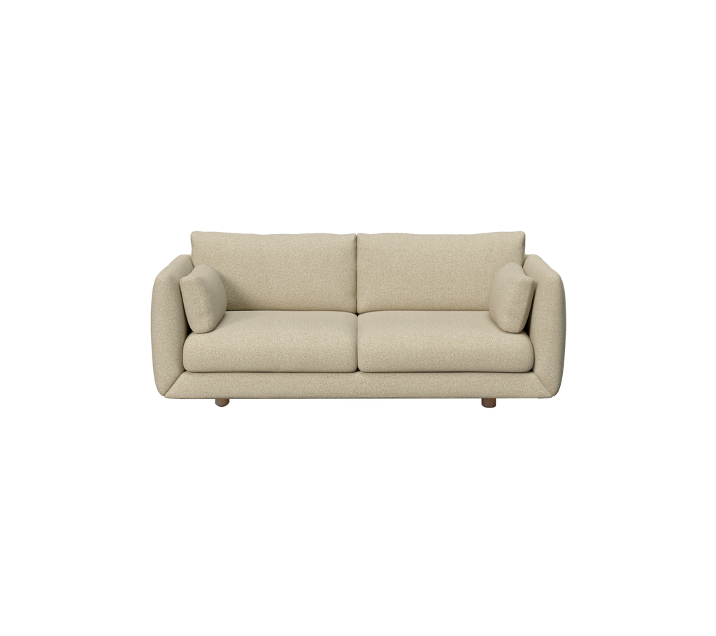 Hellbraunes modernes Sofa mit runden Armlehnen und Kissen.
