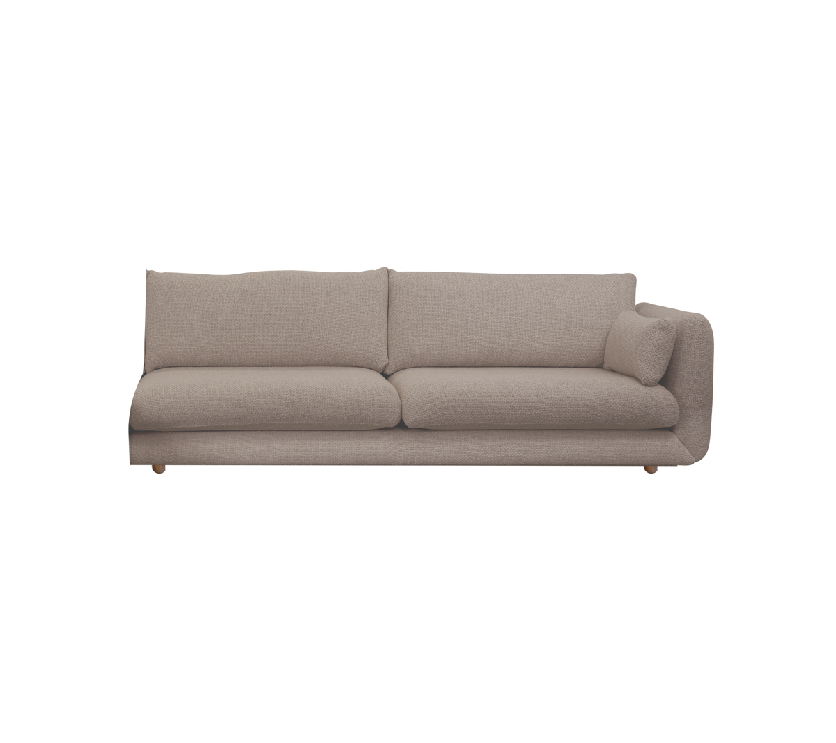 Moderner hellbrauner Sofa mit plüschigen Kissen.