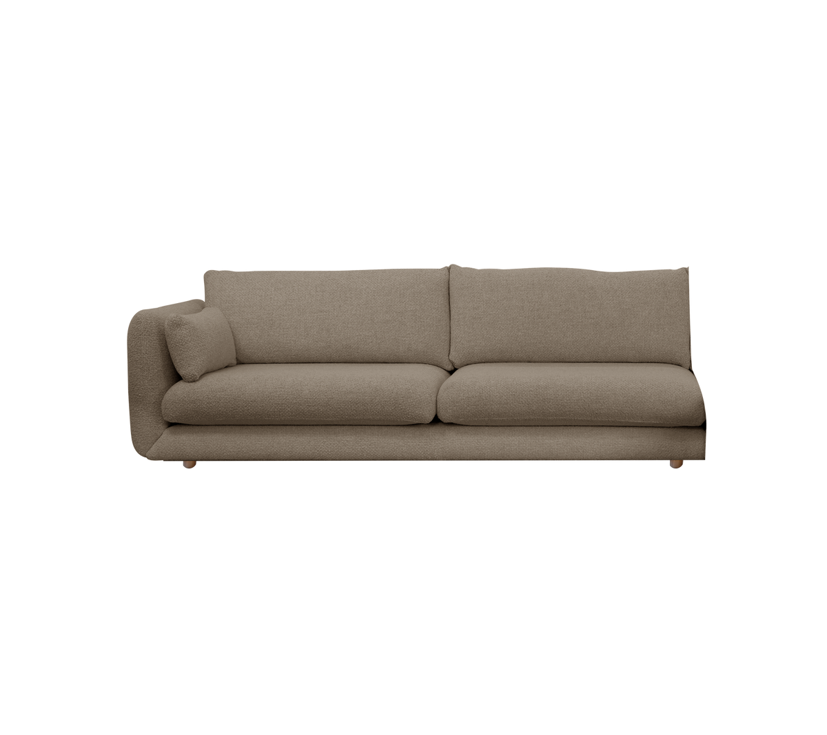 Hellbraune moderne Sofa mit niedriger Profil und plüschigen Kissen.