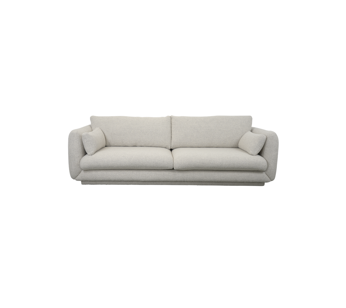 Ein modernes, helles Sofa mit plüschigen Kissen und zwei dekorativen Kissen an beiden Enden, entworfen für Komfort und Stil.