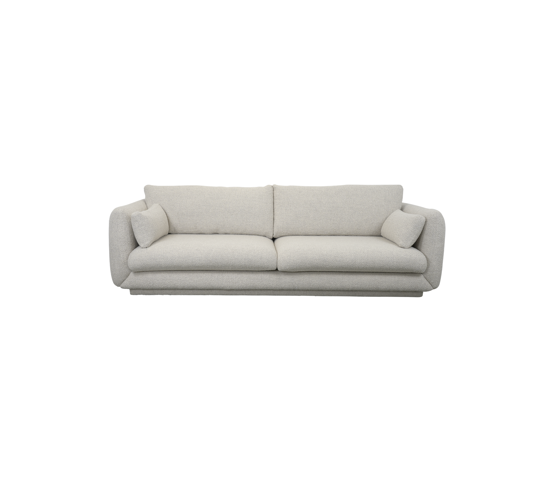 Ein modernes, helles Sofa mit plüschigen Kissen und zwei dekorativen Kissen an beiden Enden, entworfen für Komfort und Stil.