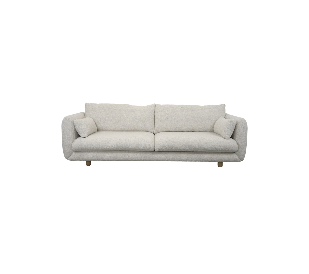 Helle, plüschige Couch mit zwei passenden Kissen, die ein modernes Design und klare Linien für eine stilvolle Sitzgelegenheit bietet.