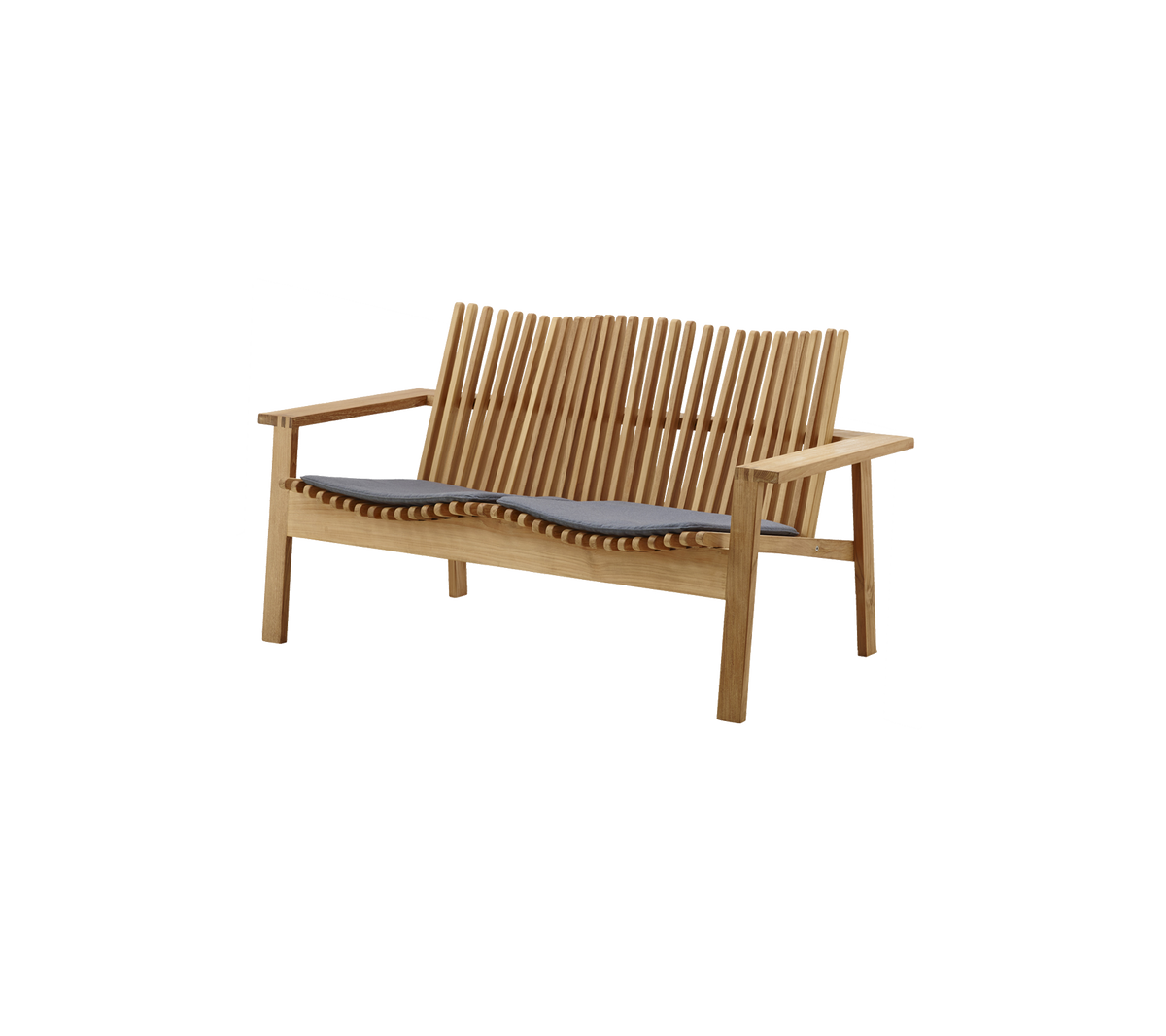 Stylische Holzbank mit Lattenrückenlehne und bequemem grauem Kissen, perfekt zum Entspannen und Sitzen in jedem Raum.