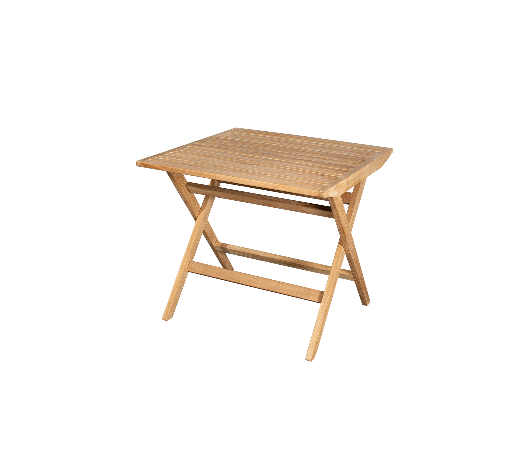 Kompakter Holztisch mit slatted-top und gekreuzten Beinen, perfekt für vielseitige Verwendung in verschiedenen Umgebungen.