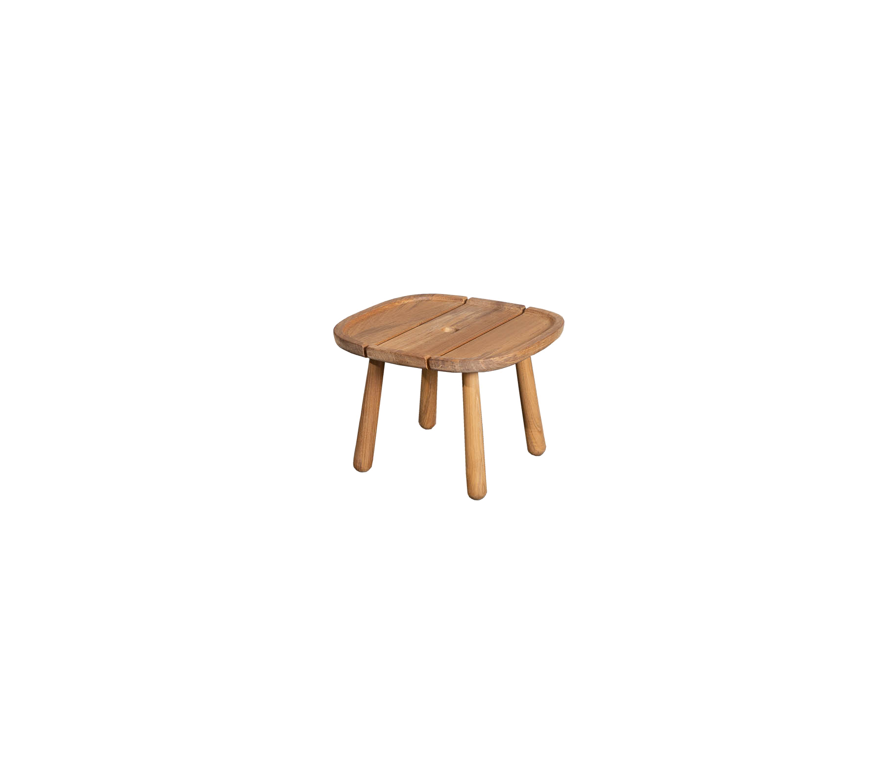 Kleiner Holztisch mit einer abgerundeten quadratischen Tischplatte und vier stabilen Beinen, perfekt für verschiedene Anwendungen in einem stilvollen Ambiente.