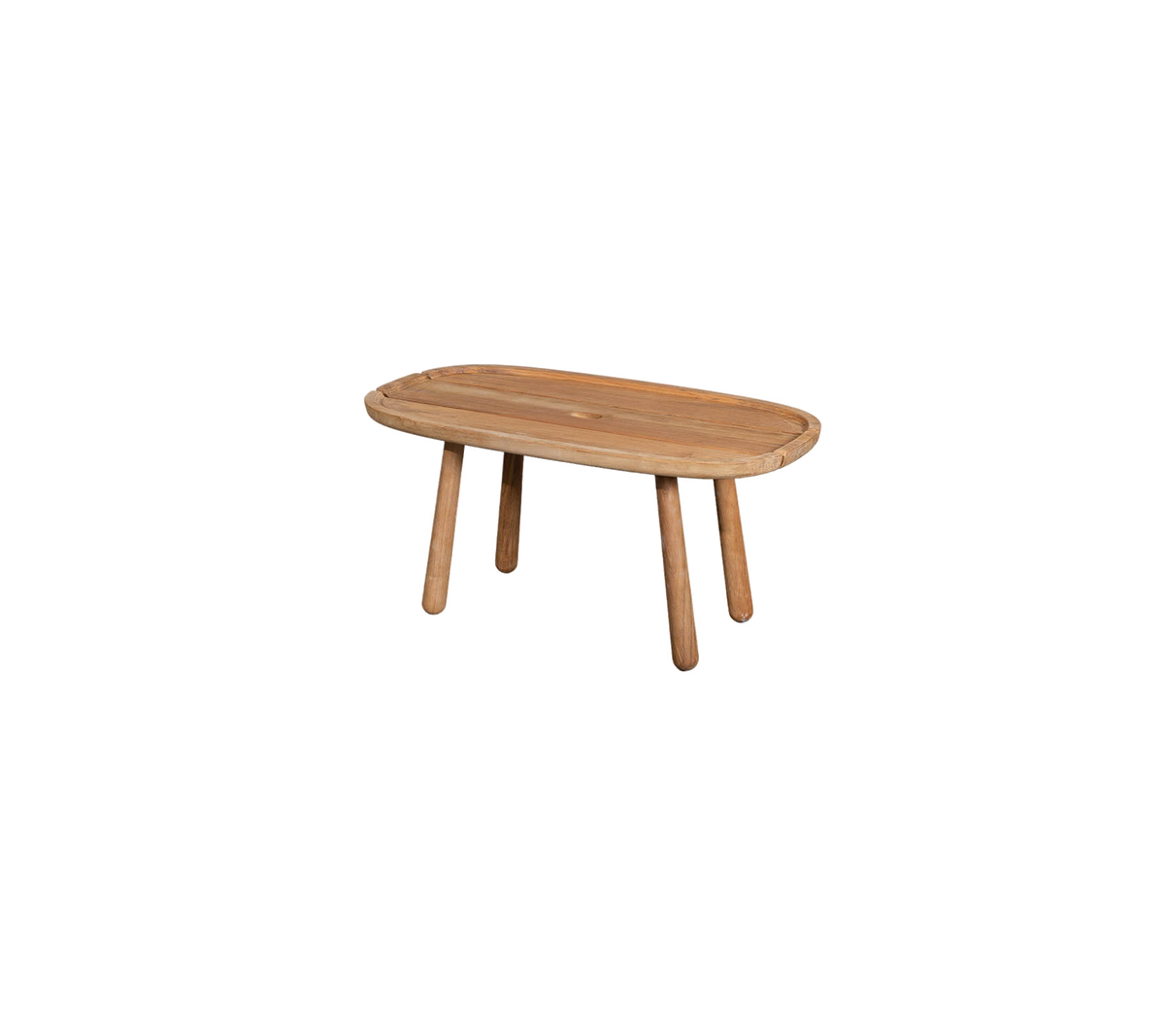 Ein Holztisch mit ovaler Platte und vier stabilen Beinen, entworfen für eine moderne oder rustikale Ästhetik.
