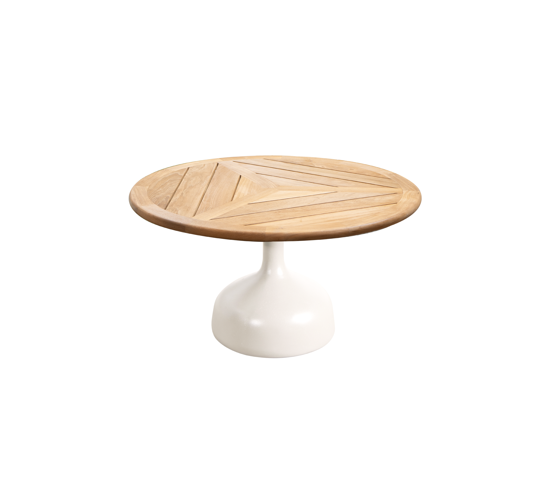 Runder Tisch mit einer Holzplatte mit geometrischen Mustern und einem schlanken weißen Pedestalfuß. Ideal für moderne und stilvolle Räume.
