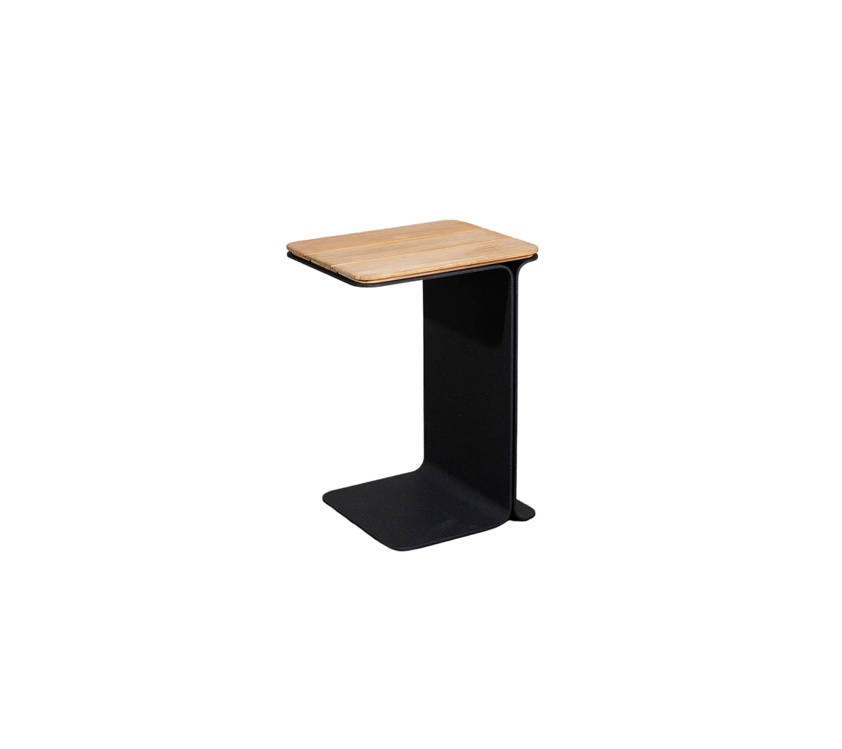 Minimalistischer Beistelltisch mit einer Holzoberfläche und einem schlanken schwarzen Fuß, ideal für moderne Dekoration.