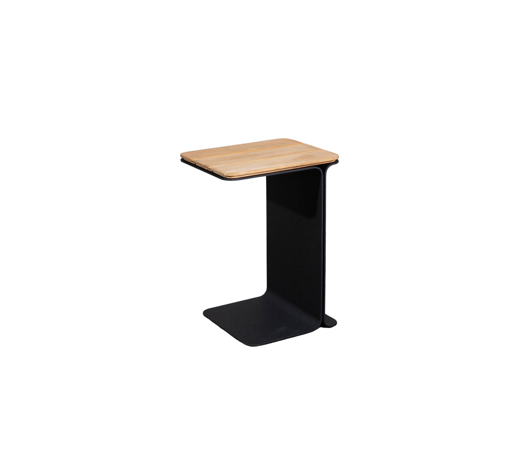 Minimalistischer Beistelltisch mit einer Holzoberfläche und einem schlanken schwarzen Fuß, ideal für moderne Dekoration.