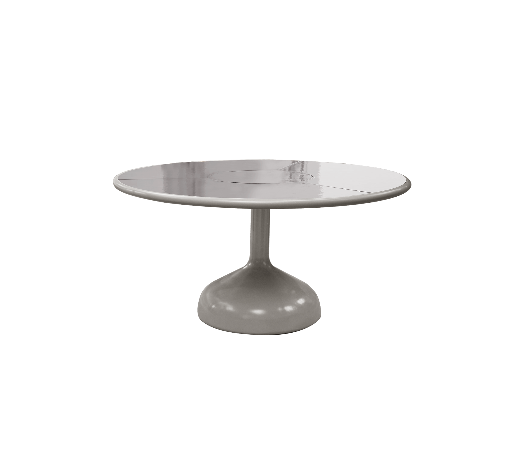 Runder Tisch mit einer glatten, glänzenden Oberfläche und einem stabilen Fuß, der ein modernes und minimalistisches Design zeigt.