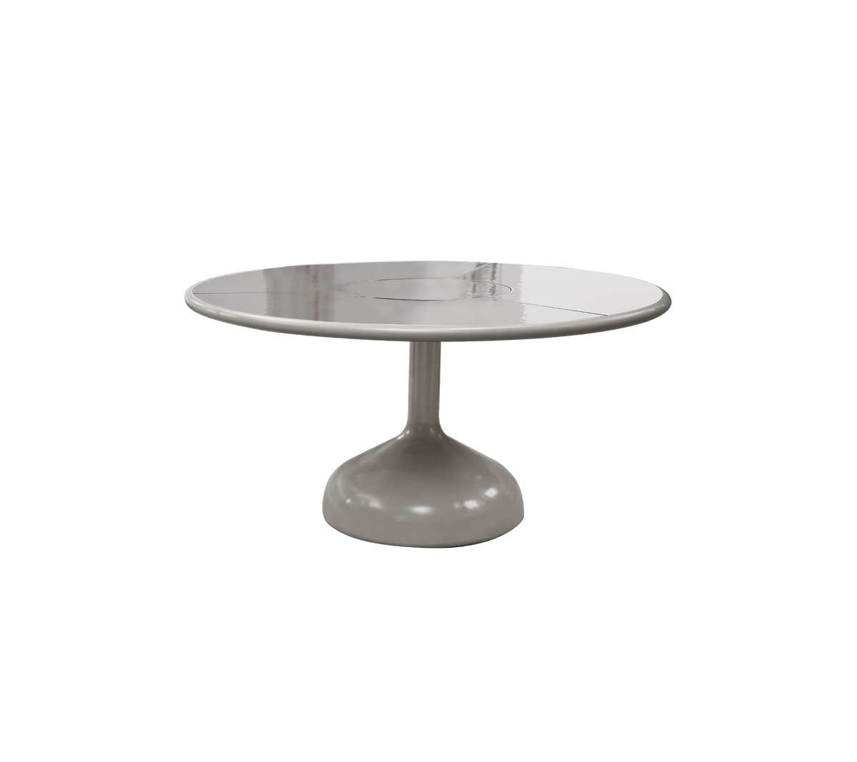 Runder Tisch mit einer glatten, glänzenden Oberfläche und einem stabilen Fuß, der ein modernes und minimalistisches Design zeigt.