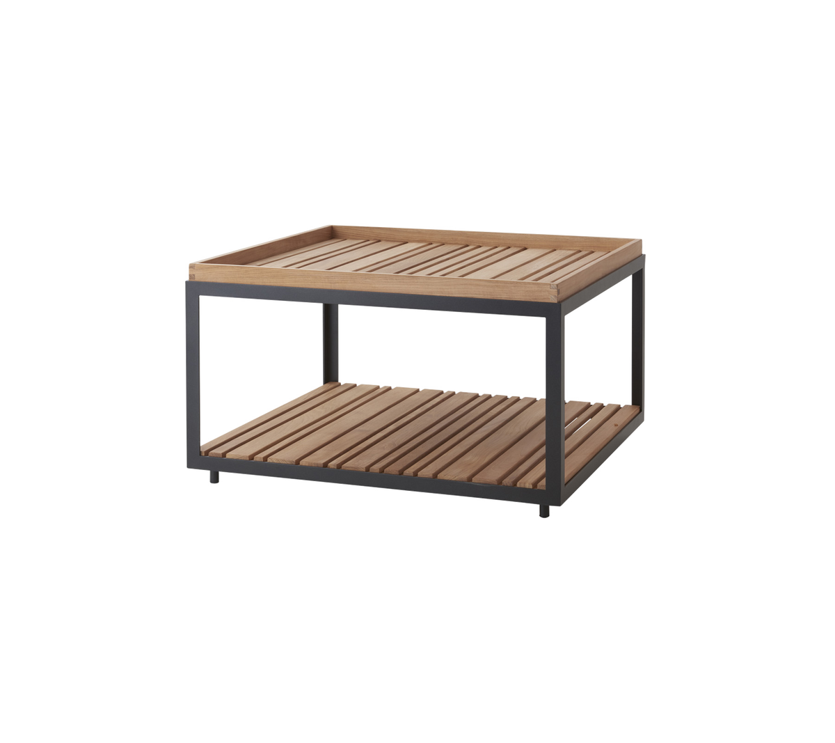 Stilvoller Holztisch mit Lamellen und einem modernen Metallrahmen, ausgestattet mit einem offenen Regal für zusätzlichen Stauraum oder zur Präsentation.