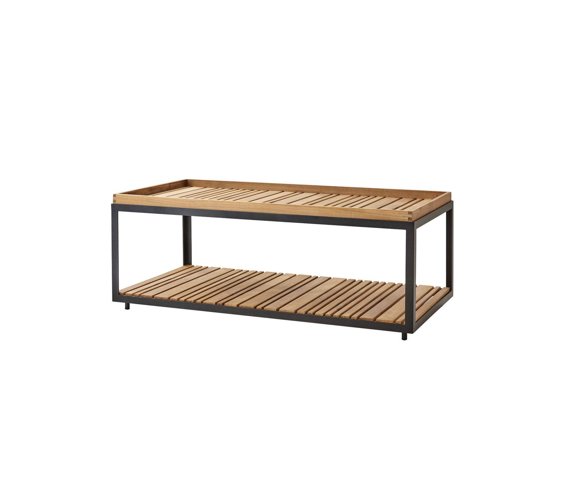 Holztisch mit Latten-Design und Metallrahmen, der zwei Ebenen für Stauraum oder Präsentation bietet. Ideal für moderne Wohnräume.