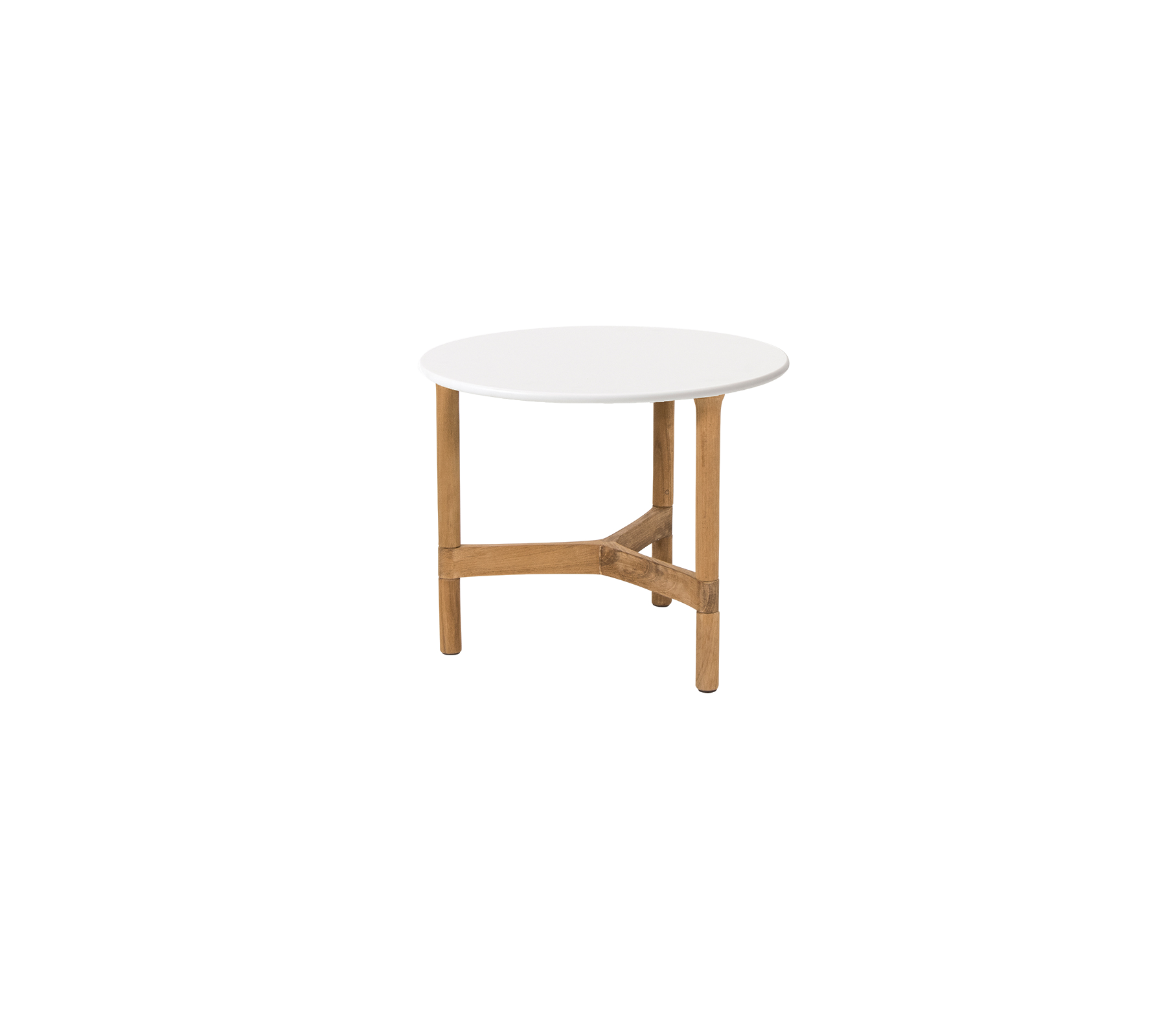 Runder Tisch mit einer weißen Oberfläche und Holzbeinen, ausgestattet mit einer stabilen Querverstrebung zur Unterstützung. Ideal für verschiedene Umgebungen.