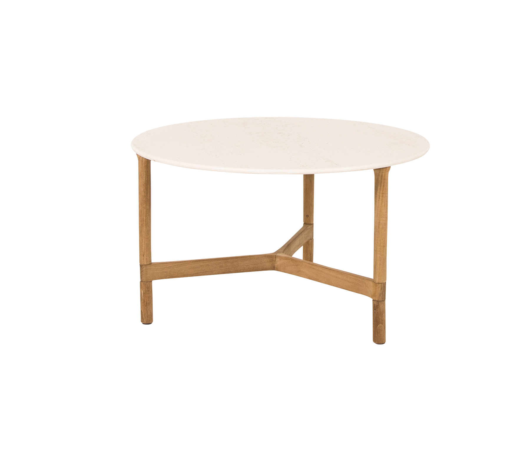 Runder Couchtisch mit einer glatten weißen Oberseite und hellen Holzbeinen, mit einem modernen und minimalistischen Design.