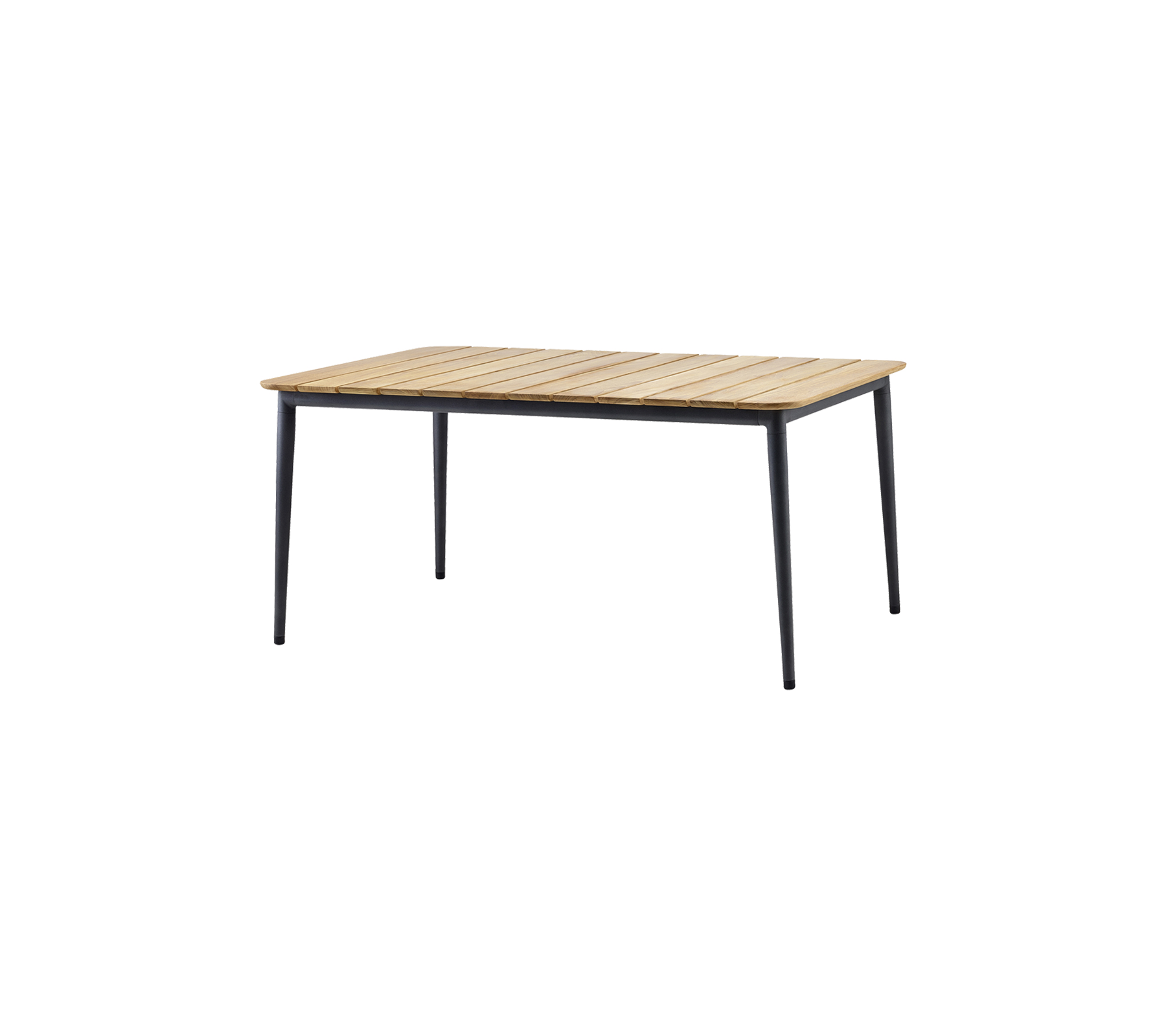 Rechteckiger Tisch mit einer lamellenartigen Holzplatte und schlanken schwarzen Beinen, geeignet für verschiedene Umgebungen.