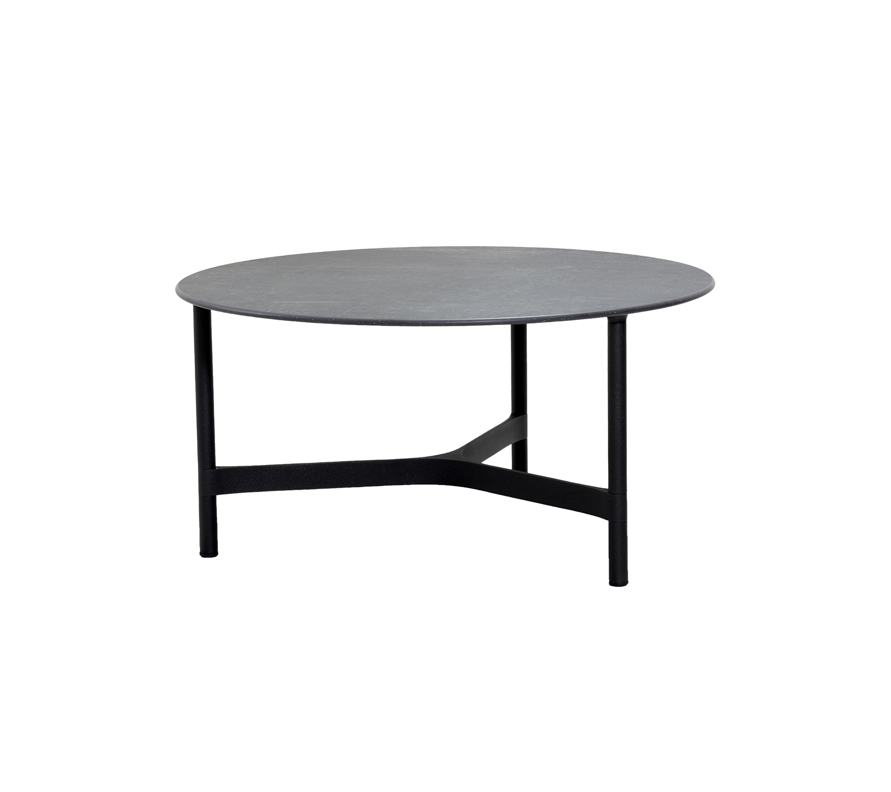 Runder Tisch mit grauer Oberfläche, gestützt von einem schlanken schwarzen Rahmen mit minimalistischen Design. Ideal für moderne Einrichtung.