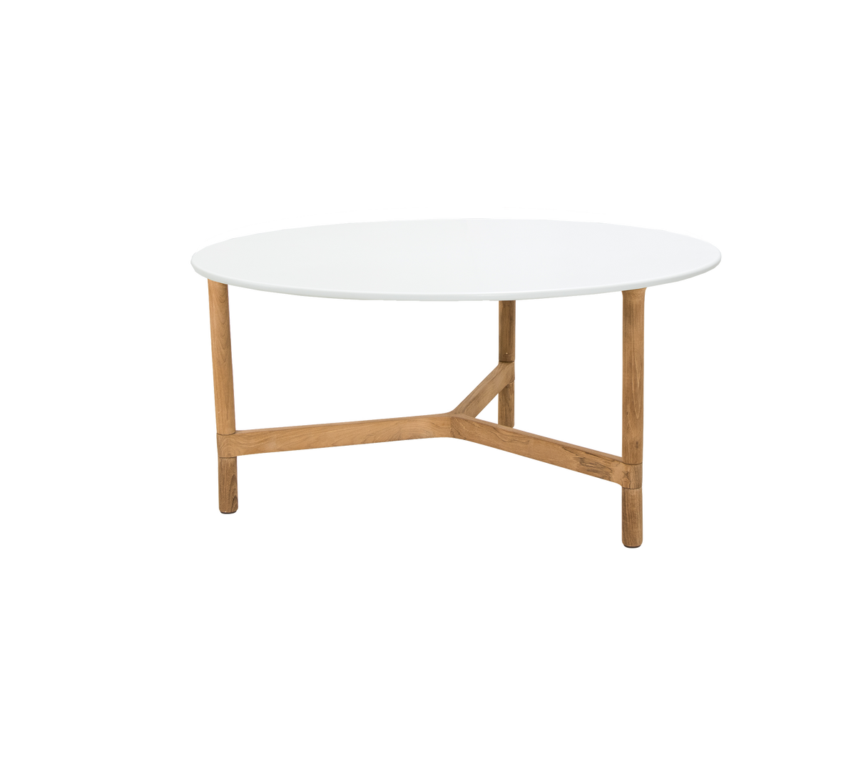 Ein runder Couchtisch mit einer eleganten weißen Oberfläche, die von stabilen Holzbeinen mit einem einzigartigen Kreuzdesign gestützt wird.