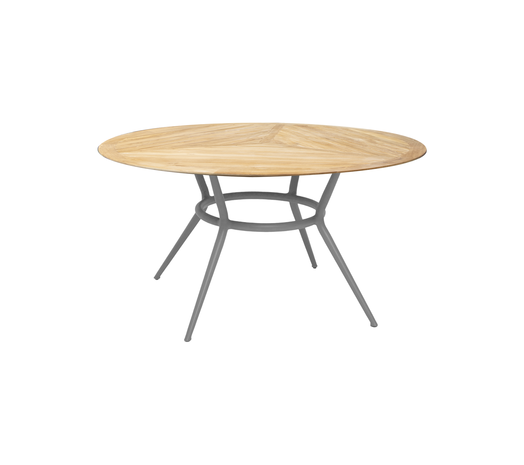 Runder Holztisch mit natürlichem Finish und einem schlanken, modernen Metallgestell mit drei schrägen Beinen. Ideal für verschiedene Umgebungen.