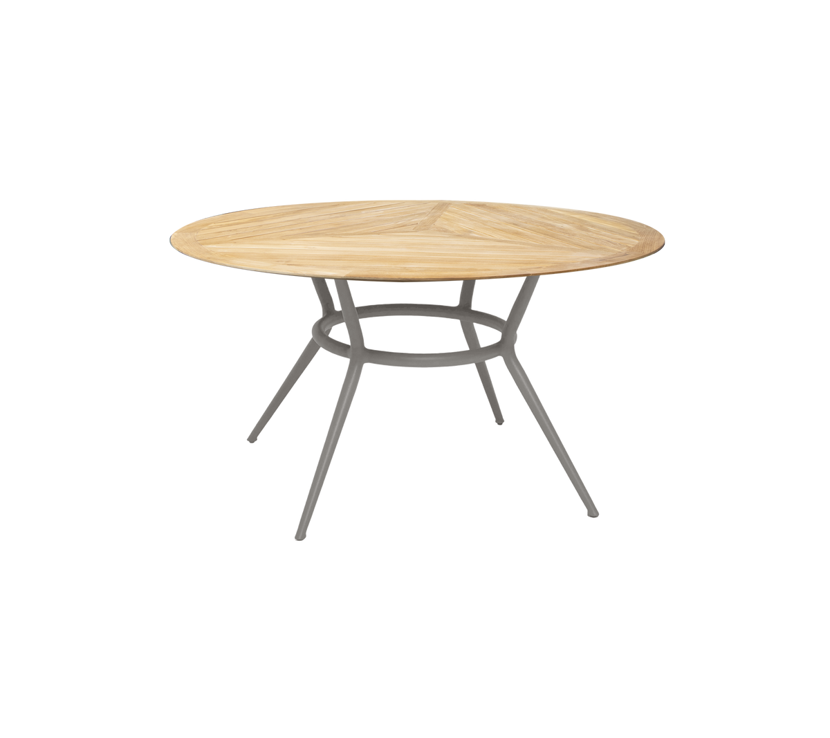 Runder Holztisch mit einer hellen Holzoberfläche und stabilen grauen Beinen, der ein modernes und stilvolles Design für verschiedene Räume bietet.