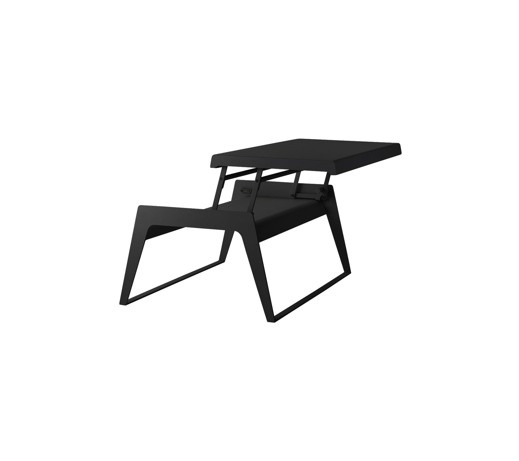 Stylischer schwarzer Tisch mit modernem Design, der eine großzügige Fläche und einzigartige, schräg gestellte Beine bietet. Ideal für zeitgenössische Räume.