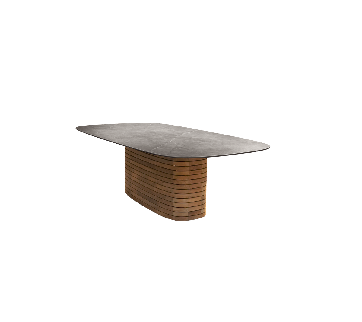 Teakholz Tisch mit einer glatten Tischplatte und einem markanten Basisdesign.
