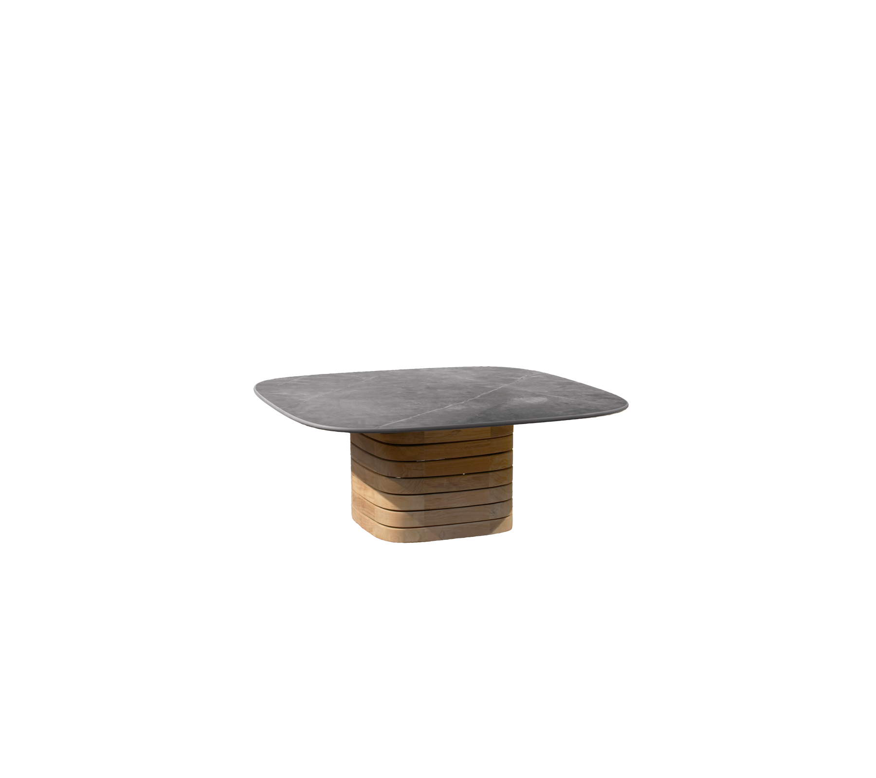 Grauer Tisch mit einem Teakholzgestell in modernem Design.