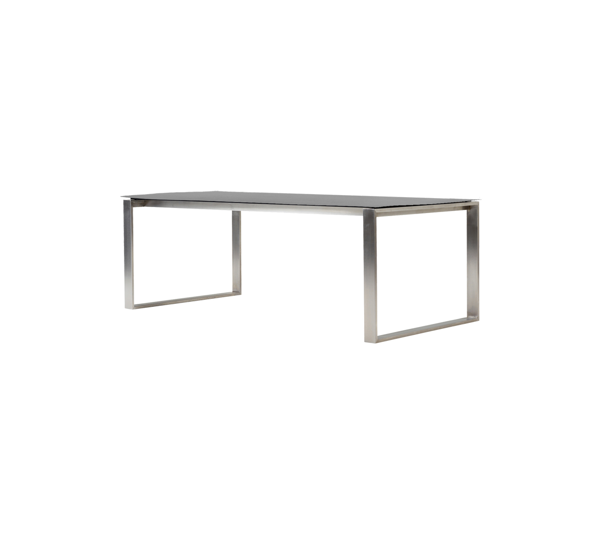 Eleganter, moderner Tisch mit glatter Oberfläche und stabilen Metallbeinen, perfekt für Ess- oder Arbeitsanordnungen.