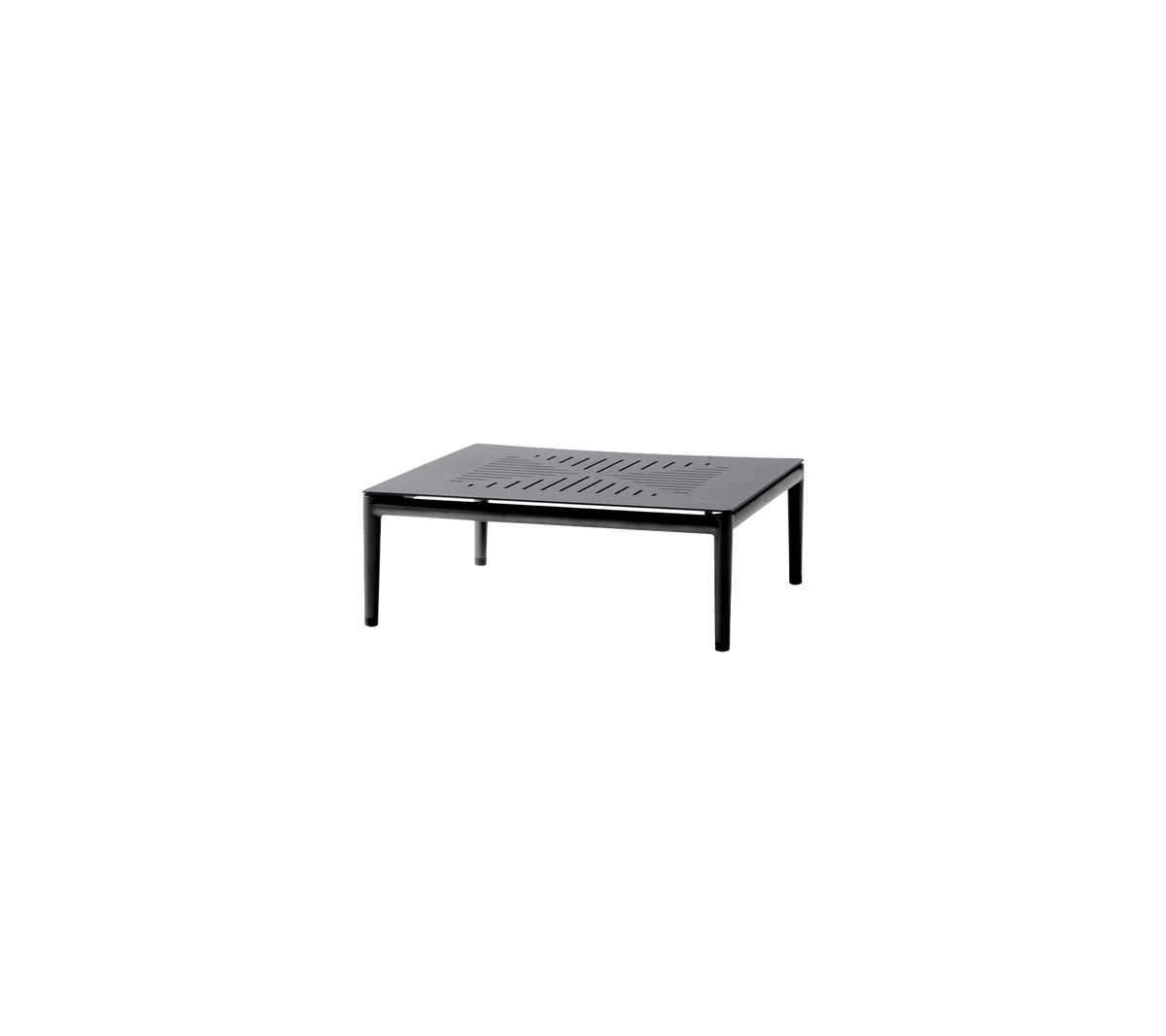 Quadratischer schwarzer Tisch mit slatted Oberseite und stabilen Beinen, geeignet für verschiedene Umgebungen und Zwecke.