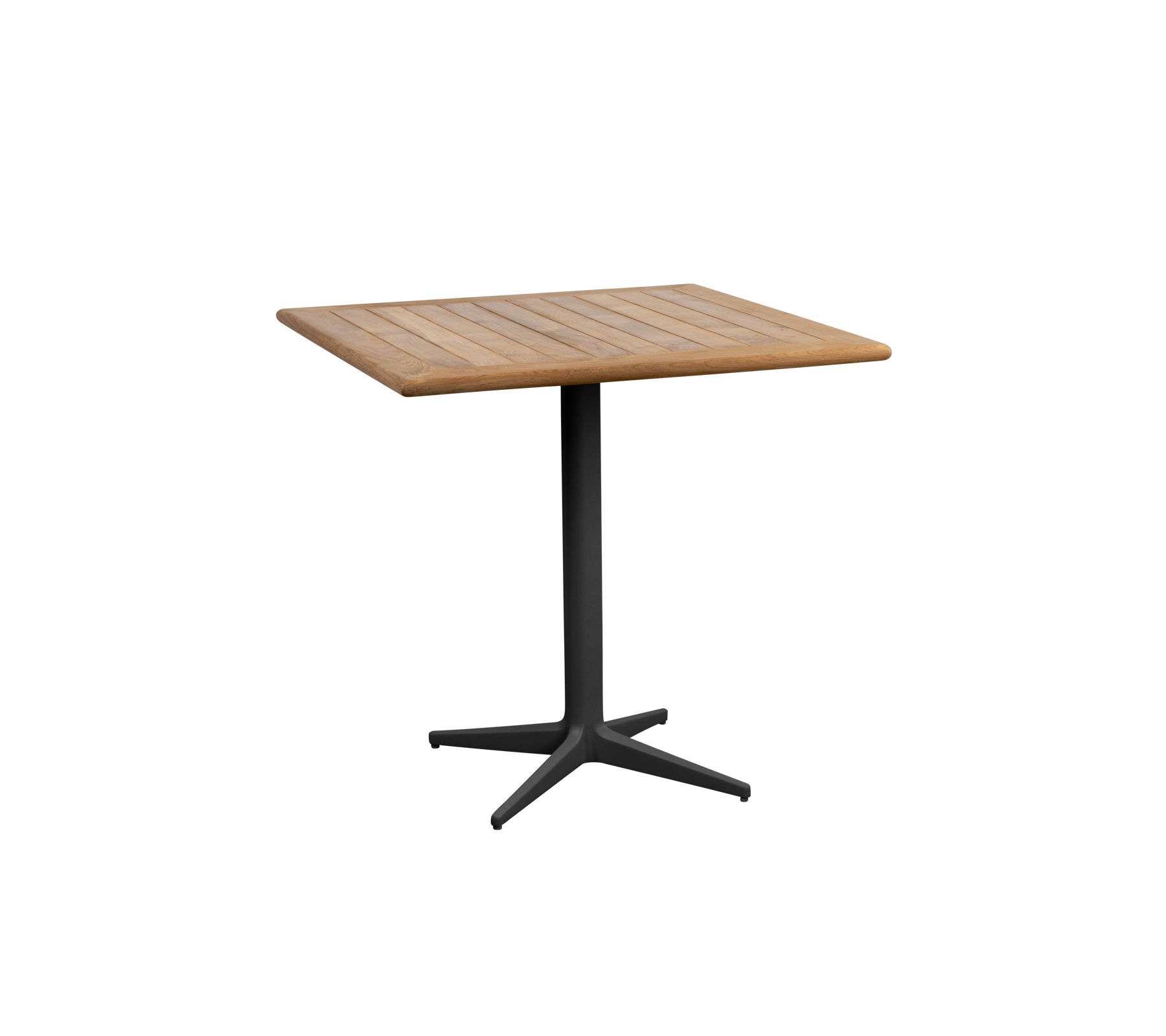 Quadratischer Tisch mit einer Holzplatte und einem schlanken schwarzen Sockel, ideal für verschiedene Umgebungen und Zusammenkünfte.