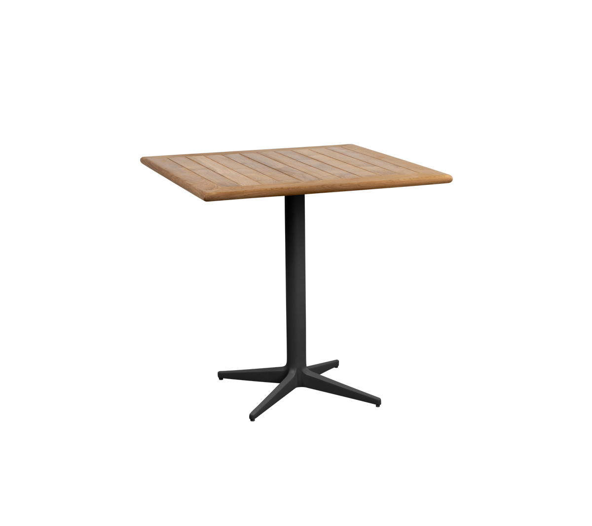 Quadratischer Tisch mit einer Holzplatte und einem schlanken schwarzen Sockel, ideal für verschiedene Umgebungen und Zusammenkünfte.