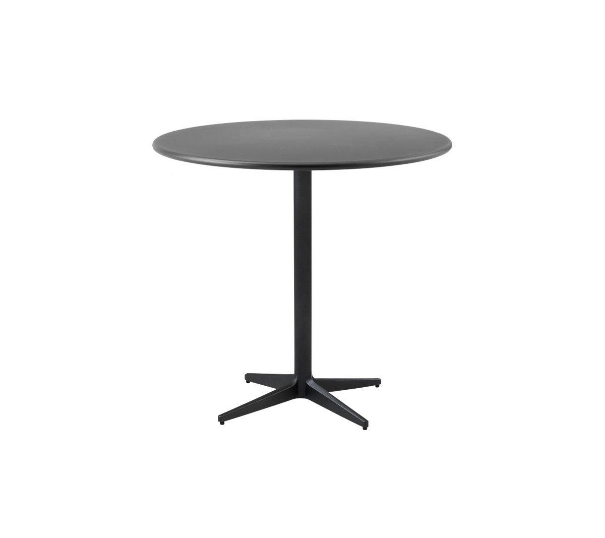 Runder Tisch mit einer eleganten schwarzen Oberfläche und einem minimalistischen Design, ausgestattet mit einer stabilen zentralen Basis für Stabilität.