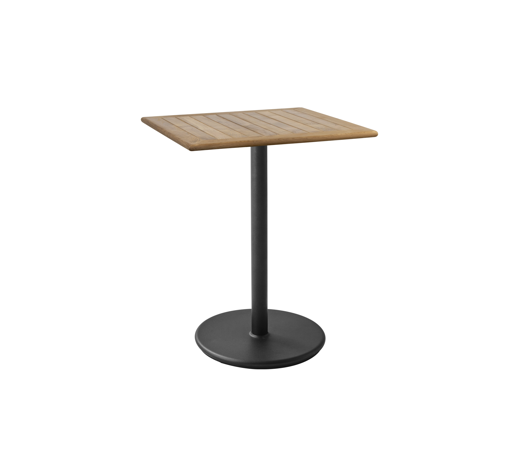 Quadratischer Tisch mit einer lamellenartigen Holzoberfläche und einem eleganten schwarzen Sockel, ideal für verschiedene Umgebungen und Stile.