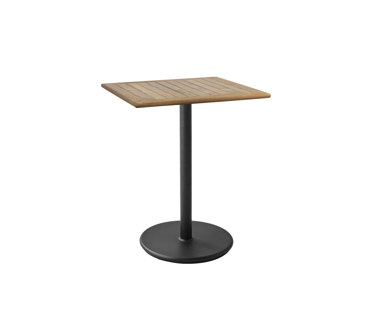 Quadratischer Tisch mit einer lamellenartigen Holzoberfläche und einem eleganten schwarzen Sockel, ideal für verschiedene Umgebungen und Stile.